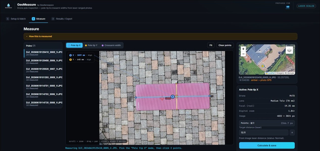 GeoMeasure measuring the calibration target, showing the laser-scaled result