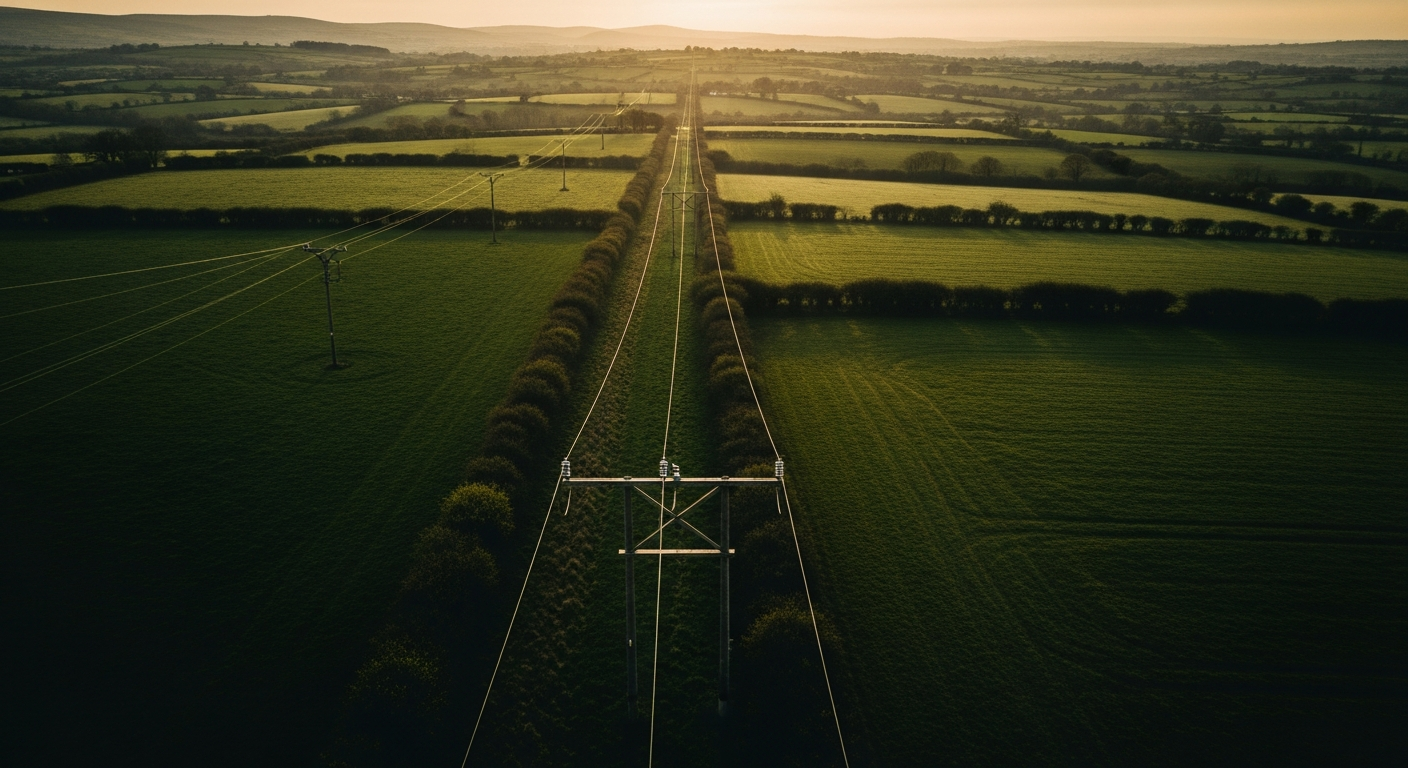 Aerial drone view of power lines crossing farmland